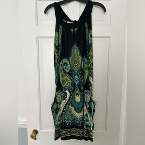 Halter swing dress with pockets black/green/blue paisley design